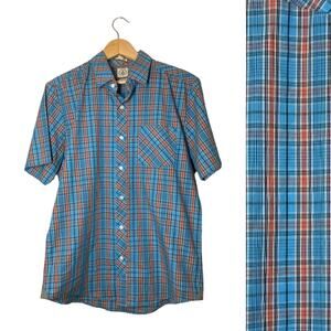 Volcom Mens Plaid Shirt Button Up Blue Orange Short Sleeve Classic Fit Medium